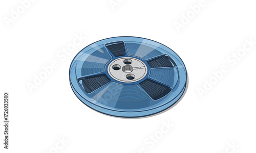 Vintage translucent blue audio tape reel with dark magnetic tape and metallic hub.