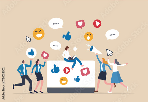 Social media job, online strategy team or internet community customer management, social network career, marketing professional, business people online team working with social media components.