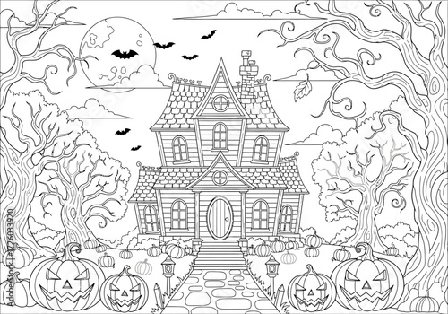 Intricate Haunted House Halloween Coloring Book Design Spooky Night Scene with Bats, Pumpkins, and Eerie Trees