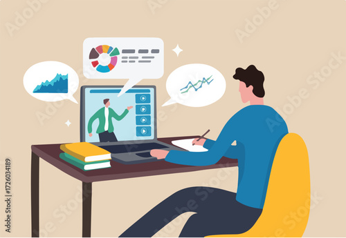 Online study learning course or internet education webinar, remote e-learning, teaching online or exam, test, knowledge wisdom concept, young man study online course on computer laptop at home.