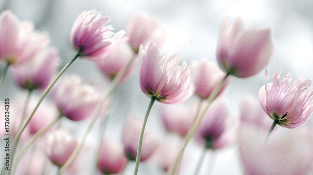 Fototapeta premium Beautiful Pink Tulips Blooming in a Serene Garden During Spring Season, Showcasing Delicate Petals Under Soft Daylight