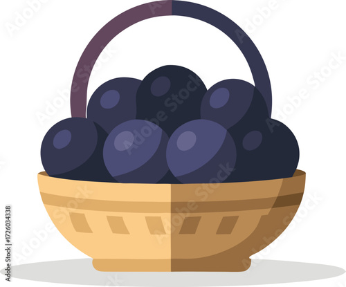 A woven basket overflowing with ripe dark purple plums on a white background