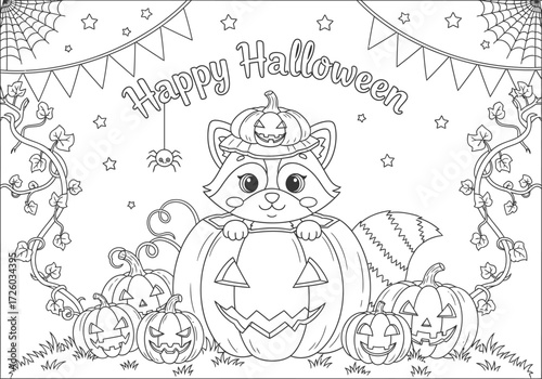 Halloween Coloring Book Cute Raccoon & Pumpkin Patch Scene for Spooky Fun