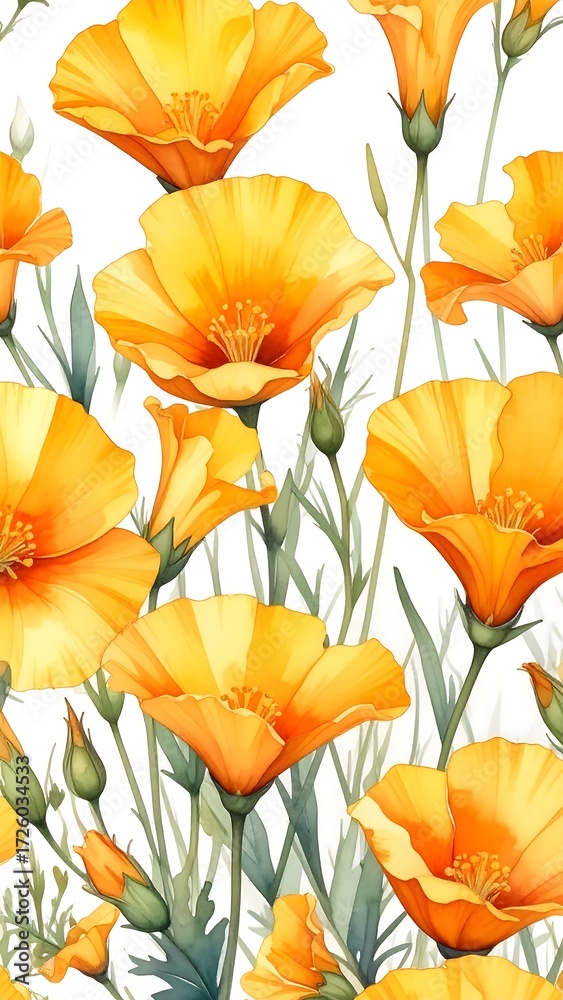 Fototapeta premium Vibrant yellow and orange California poppies create a cheerful and beautiful repeating floral pattern against a white backdrop.