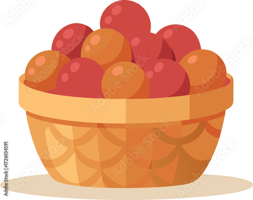 A woven basket overflowing with ripe red and orange fruits a vibrant harvest illustration