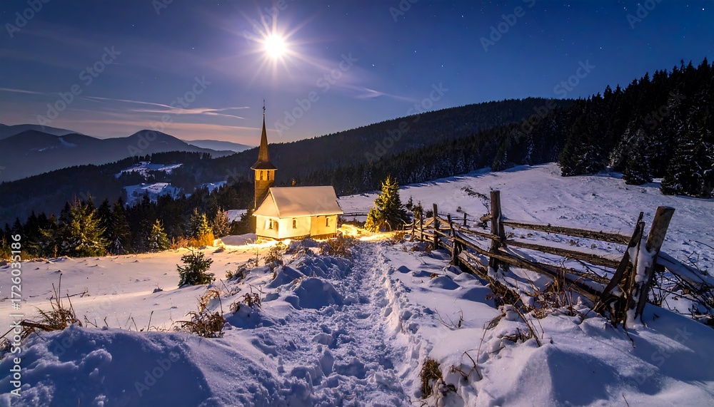 Fototapeta premium A serene, snowy landscape at night, showcasing a small church nestled in the mountains, bathed in the soft glow of the moonlight.