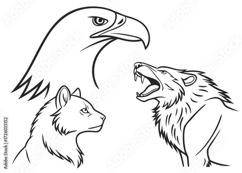 Outlined eagle head above two wolf heads in profile with open mouth and teeth showing design created with generated ai