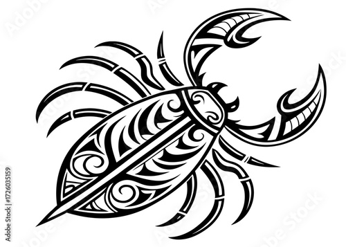A tribal style illustration of a black scorpion with detailed patterns and sharp claws on a white background created with generated ai