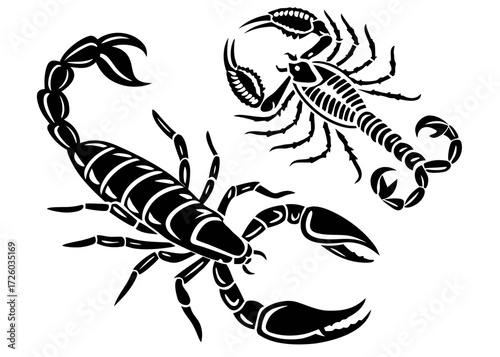Two black scorpion illustrations with detailed claws and segmented tails on a white background artfully shown created with generated ai