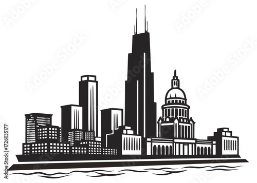 Illustration of a cityscape silhouette featuring tall buildings and water in a black and white design created with generated ai