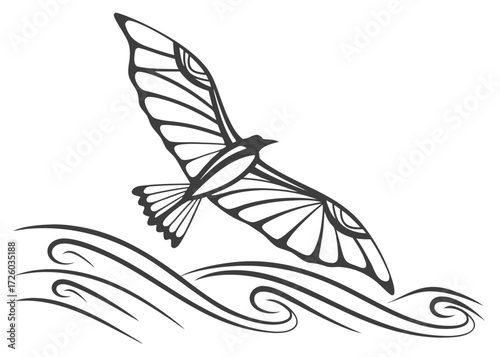 Stylized black and white drawing of a bird flying over waves with detailed wing patterns shown clearly created with generated ai