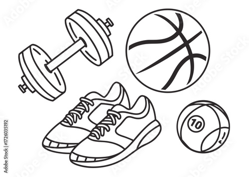Illustration of a dumbbell, pair of sneakers, basketball and a billiard ball with number ten design created with generated ai