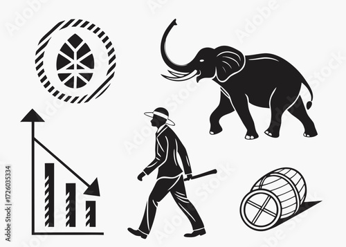 Illustration featuring an elephant, a man with a cane, a barrel, a chart, and a leaf emblem created with generated ai