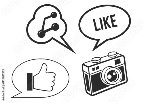 Illustration of a camera, like, share, and connection icons inside of speech bubbles in black and white created with generated ai