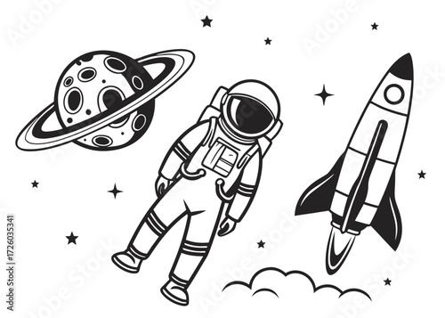 Illustration of an astronaut floating in space with a planet and a rocket ship among stars and clouds created with generated ai
