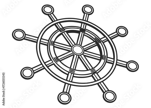 Illustration of a ship's wheel with eight spokes and circular handles in a black and white design style created with generated ai