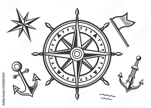 A nautical themed image featuring a compass rose, anchors, a flag and a ship's wheel design element created with generated ai