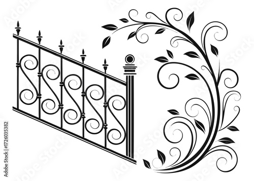Ornate wrought iron railing with decorative floral scrollwork design element illustration art created with generated ai