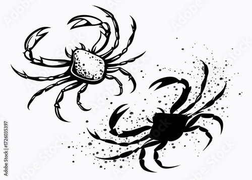 Two crabs displayed in black and white with detailed claws and legs in a simple artistic style created with generated ai