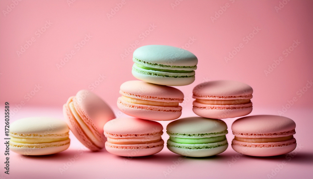 Obraz premium Pastel Macarons Stacked On Pink Background Sweet Treat Delightful Dessert