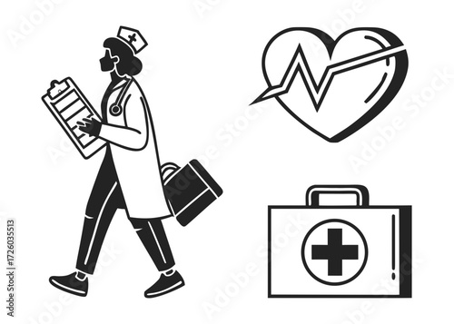 Illustration of a doctor with clipboard, medical bag, heart with pulse and first aid kit icon created with generated ai