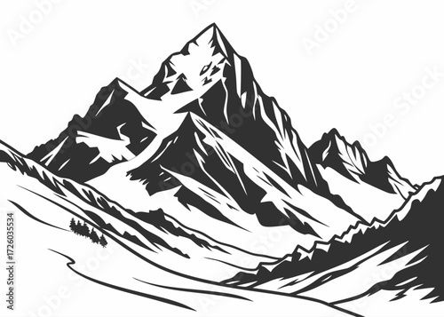 Illustration of a mountain range with snow capped peaks and a small group of trees at the base facing left created with generated ai