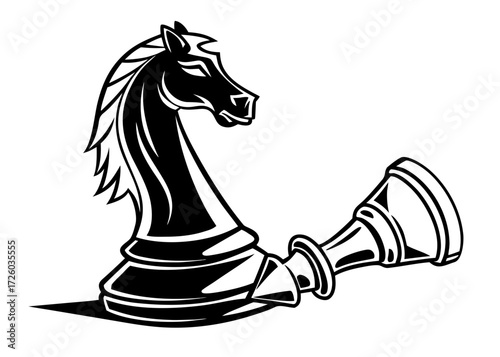A black and white illustration of a chess knight standing over a fallen chess piece on a white background created with generated ai