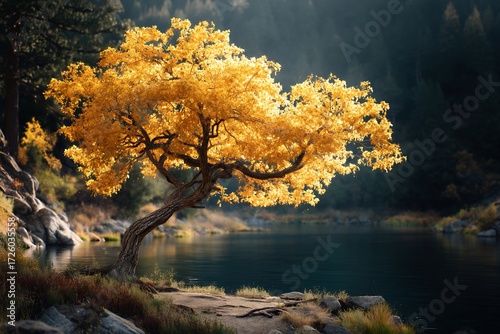 Beautiful autumn landscape golden tree by lake serene nature scenery scenic views wallpaper background image