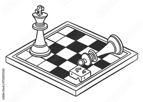 A chess game with a standing king and a fallen queen on a checkered board in black and white style created with generated ai
