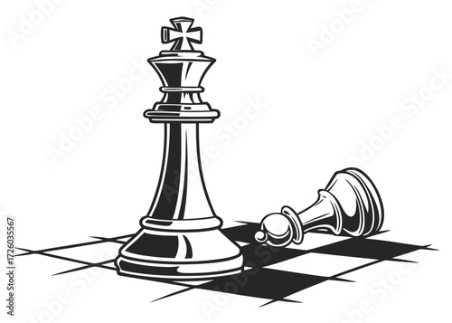 Illustration of a standing king chess piece next to a fallen pawn on a checkered board game surface created with generated ai
