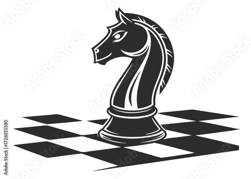 A black and white illustration of a chess knight piece on a checkered board surface with a white background created with generated ai