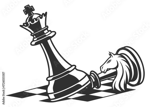 Fallen king chess piece with a knight standing over it on a checkered board illustration created with generated ai