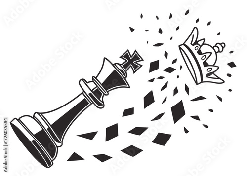 Illustration of a chess king losing its crown with shattered pieces in a black and white design created with generated ai