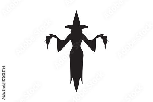 Silhouette of a witch with outstretched arms holding objects