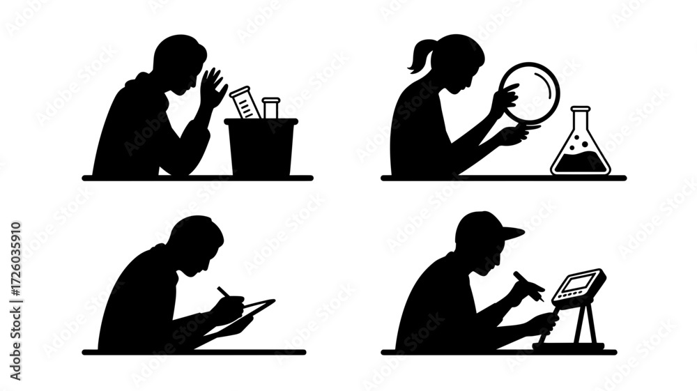 Fototapeta premium Silhouetted scientists conduct research in various fields. Each focused on their specific tasks.