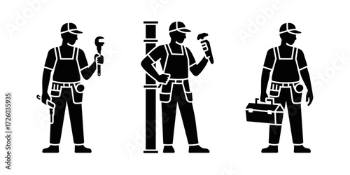 Plumbers in various poses with tools, including a toolbox with wrenches and pipes, in a vector illustration.