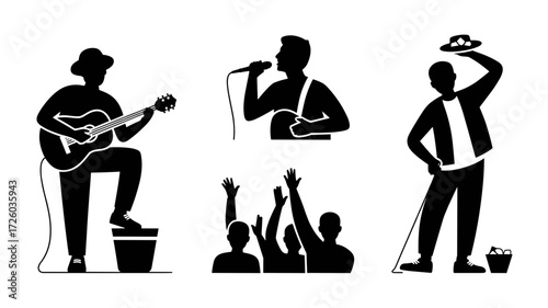 Street artist silhouettes. Collection of black vector drawings depicting musicians and artists.