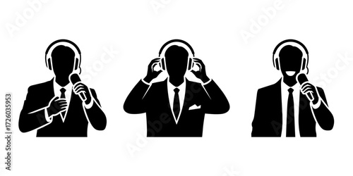 Silhouette vectors depicting broadcasting professionals wearing headphones and holding microphones.