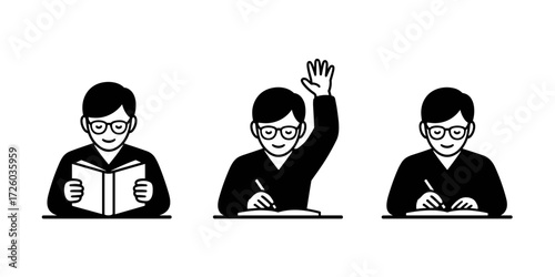 Vector illustrations of a student reading, raising their hand, and writing with a pen, showing various learning activities.
