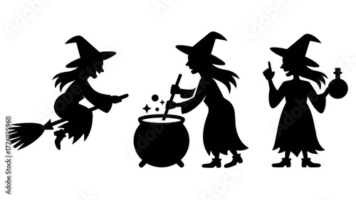 Vector silhouettes of witches in pointy hats, one flying on a broomstick, one preparing a potion, and one holding a potion.