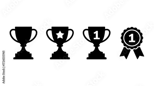 A set of four vector icons representing victories and achievements, including trophies and a first-place ribbon.