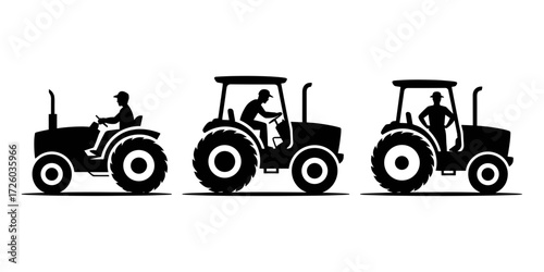 Vector silhouettes of tractors with drivers displaying agricultural machinery and farming themes in a simple design.