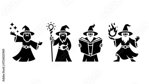 Vector illustrations of various wizards. The wizards wear robes and pointy hats.