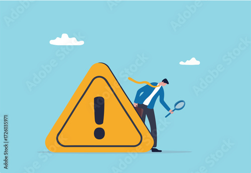 Incident management, root cause analysis or solving problem, identify risk or critical failure concept, businessman with magnifier monitor and investigate incident with exclamation attention sign