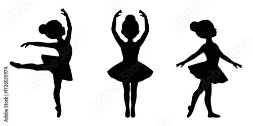 Silhouettes of young ballerinas posing in dance positions. Vector illustration of flexibility and beauty in dance.