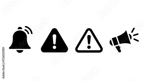 Alert vector icons: notification bell and megaphone warning signs for important alert and announcements.