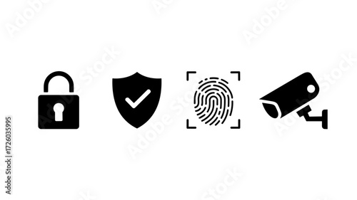 Security vector icons display modern security measures with a fingerprint padlock and surveillance camera.