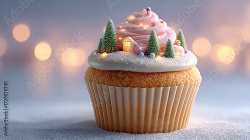 Christmas cupcake with miniature winter landscape and glowing lights  