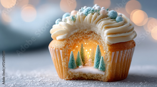 Christmas cupcake with miniature winter forest scene inside  