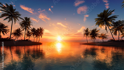 Tropical Sunset Pixel Paradise Palm Trees And The Sun Reflect In The Water During Sunset Creating A Relaxing Scene